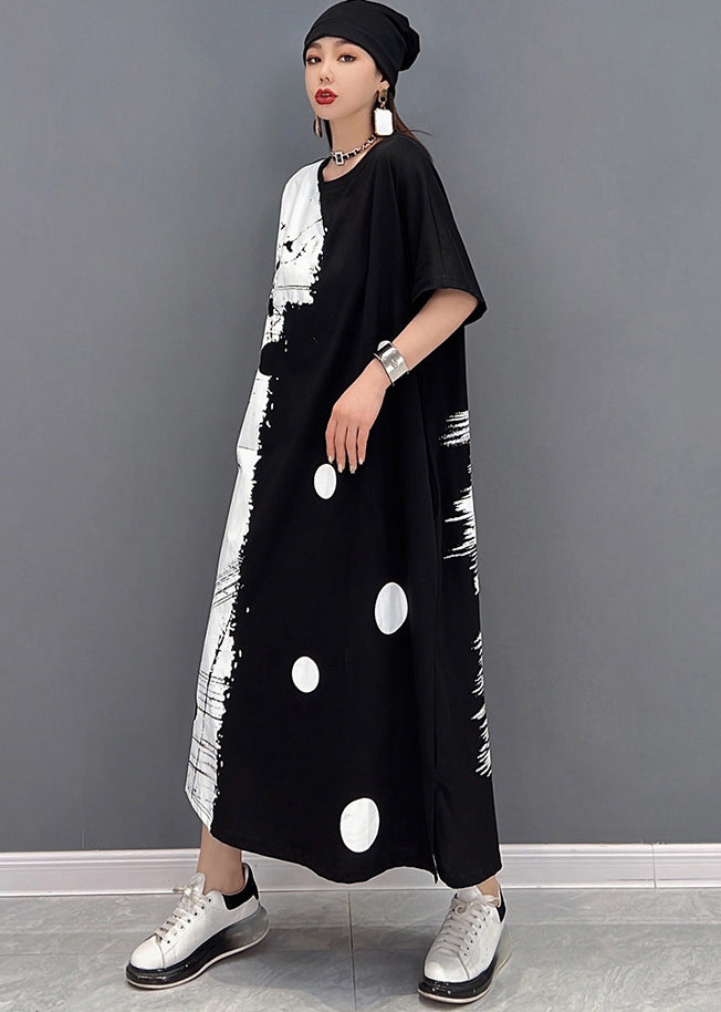 Women Black White Patchwork Dot Print Cotton Sweatshirt Long Dress Short Sleeve