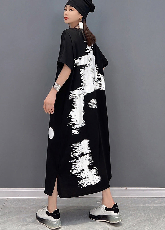 Women Black White Patchwork Dot Print Cotton Sweatshirt Long Dress Short Sleeve