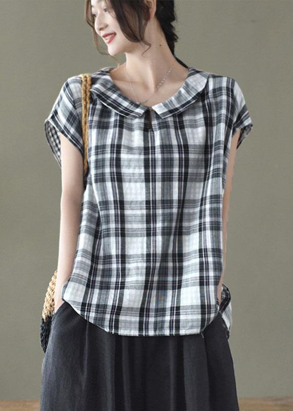 Women Black White Plaid Peter Pan Collar Cotton Shirts Summer - SooLinen