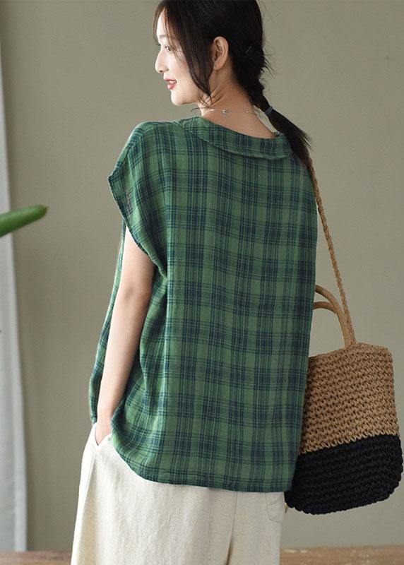 Women Black White Plaid Peter Pan Collar Cotton Shirts Summer - SooLinen