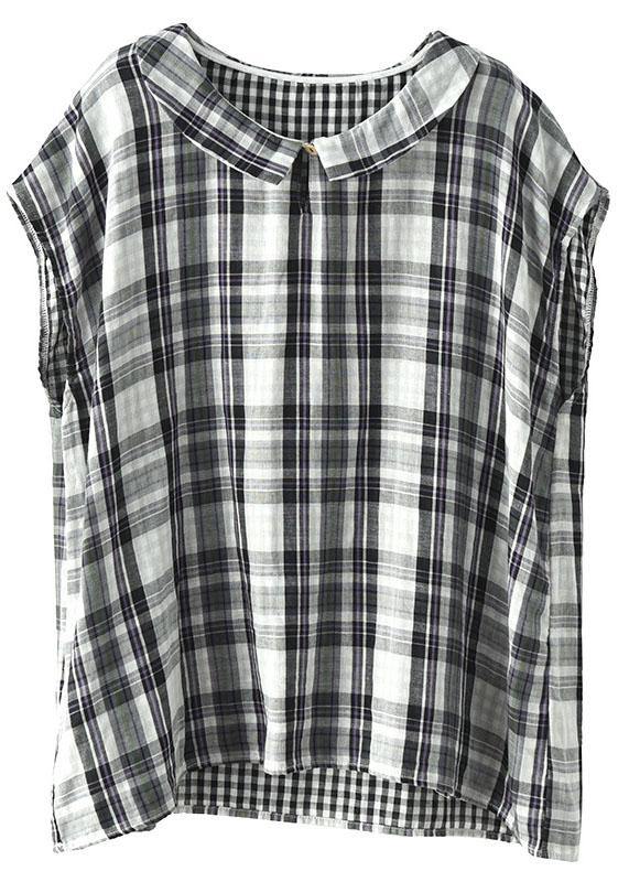 Women Black White Plaid Peter Pan Collar Cotton Shirts Summer - SooLinen