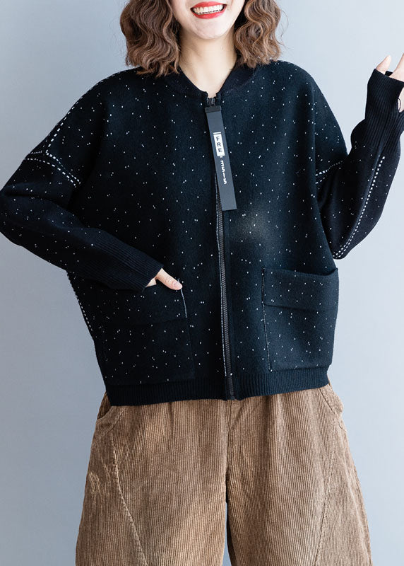 Women Black Zip Up Dot Woolen Knit Coat Winter