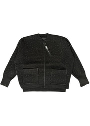 Women Black Zip Up Dot Woolen Knit Coat Winter