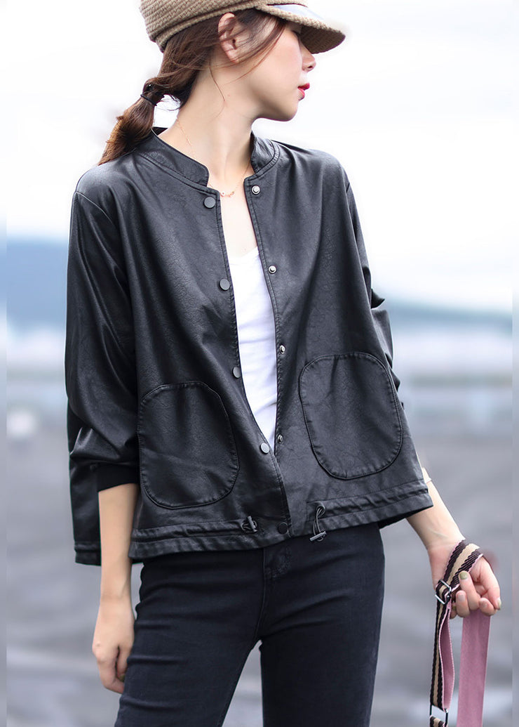 Women Black button drawstring Stand Collar Faux Leather Coats Long Sleeve