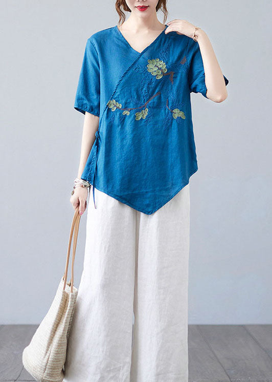 Women Blue Asymmetrical  Shirt Tops Half Sleeve