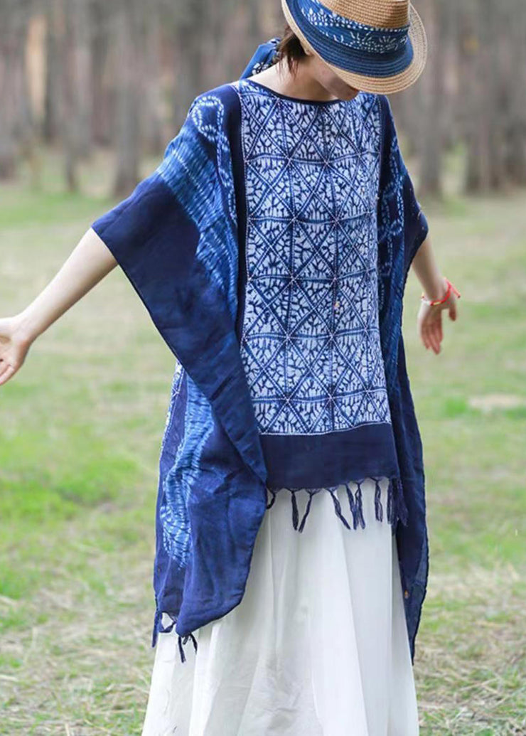 Women Blue Asymmetrical Design Tassel Print Linen Tops Batwing Sleeve