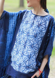 Women Blue Asymmetrical Design Tassel Print Linen Tops Batwing Sleeve