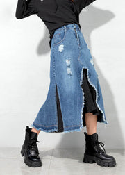 Women Blue Asymmetrical Patchwork Skirts Spring