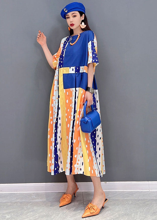 Women Blue Dot Print Patchwork Cotton Pleated Long Dress Short Sleeve