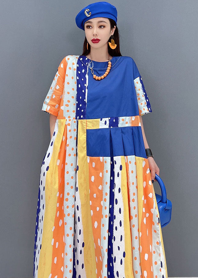 Women Blue Dot Print Patchwork Cotton Pleated Long Dress Short Sleeve