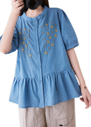 Women Blue Embroideried O-Neck Cotton Summer Shirts - SooLinen