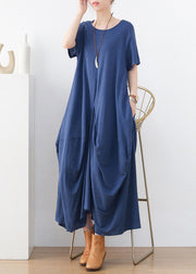 Women Blue Exra Large Hem Pockets Cotton Long Dresses Short Sleeve