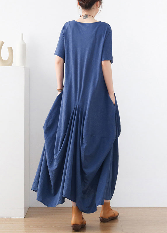 Women Blue Exra Large Hem Pockets Cotton Long Dresses Short Sleeve