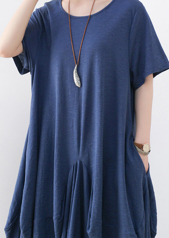 Women Blue Exra Large Hem Pockets Cotton Long Dresses Short Sleeve