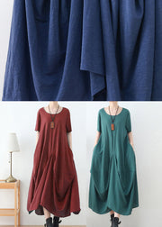 Women Blue Exra Large Hem Pockets Cotton Long Dresses Short Sleeve