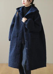 Women Blue Hooded Button Faux Fur Winter Coat