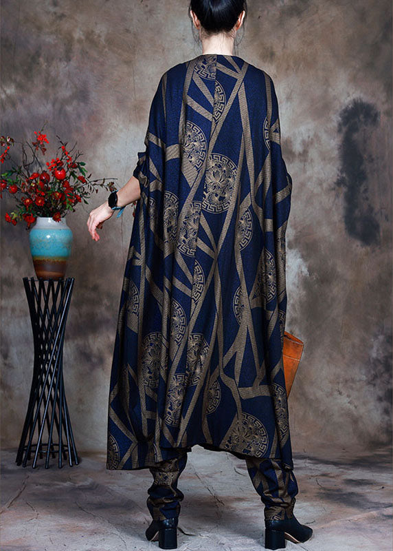 Women Blue Loose Print asymmetrical design Fall Two Pieces Set Long sleeve