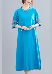 Women Blue Mandarin Collar side open Embroideried Dress Half Sleeve