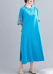 Women Blue Mandarin Collar side open Embroideried Dress Half Sleeve