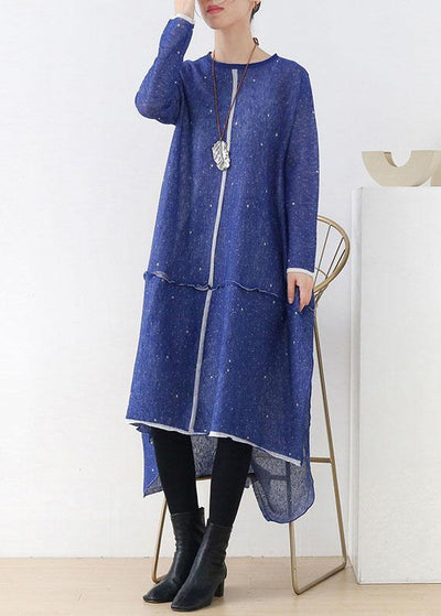 Women Blue O-Neck Pockets Fall Knit Dress - SooLinen