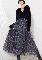 Women Blue Plaid zippered A Line Skirt Summer - SooLinen