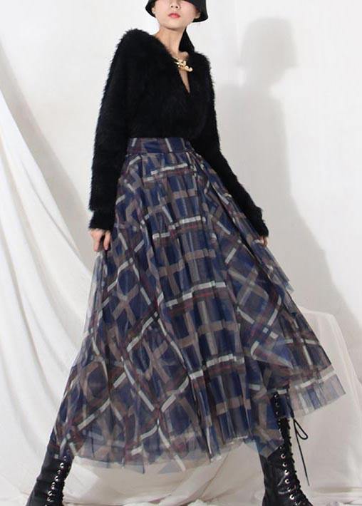 Women Blue Plaid zippered A Line Skirt Summer - SooLinen