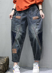 Women Blue Pockets Patchwork Casual Fall Denim Pants