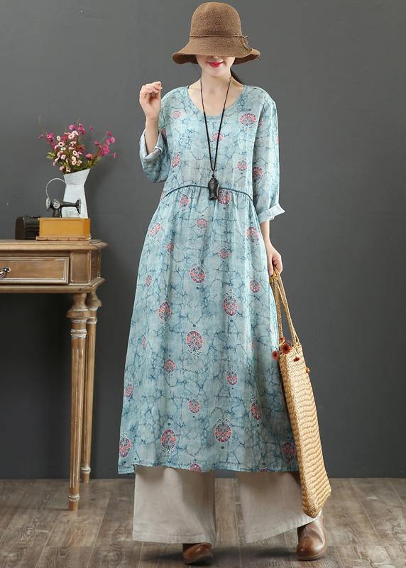 Women Blue Print Dresses O Neck Cinched Maxi Spring Dresses - SooLinen