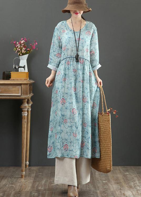 Women Blue Print Dresses O Neck Cinched Maxi Spring Dresses - SooLinen