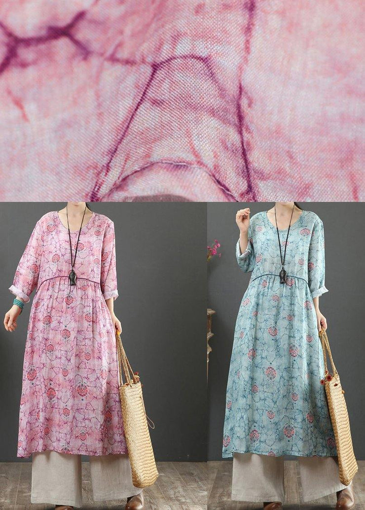 Women Blue Print Dresses O Neck Cinched Maxi Spring Dresses - SooLinen