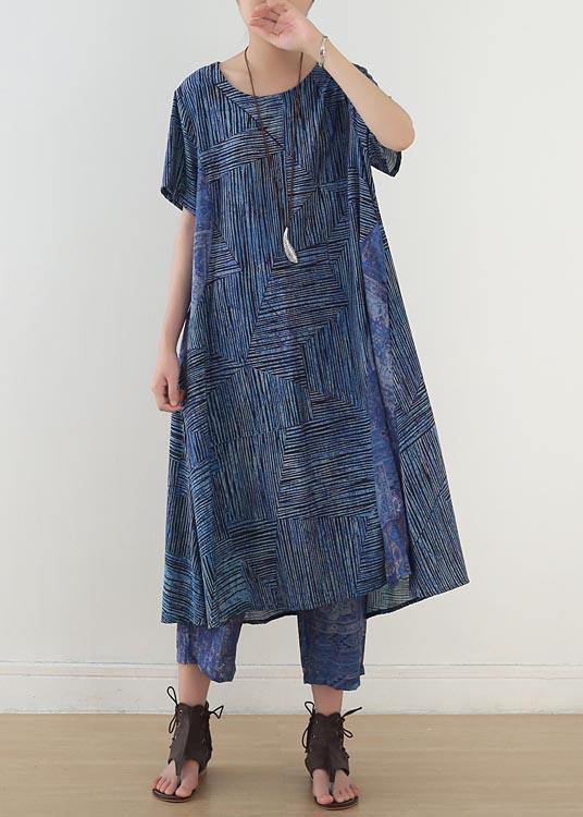 Women Blue Print Linen Dress Short Sleeve Summer Two Piece Set Women Clothing - SooLinen