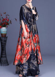 Women Blue Print low high design long shirts Wide Leg Two Pieces Set - SooLinen