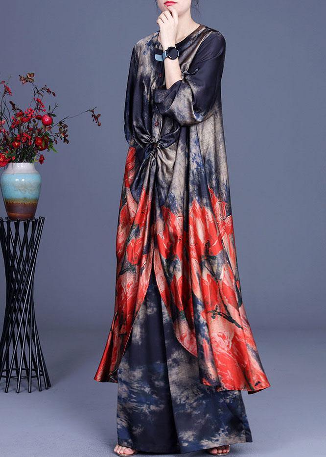 Women Blue Print low high design long shirts Wide Leg Two Pieces Set - SooLinen