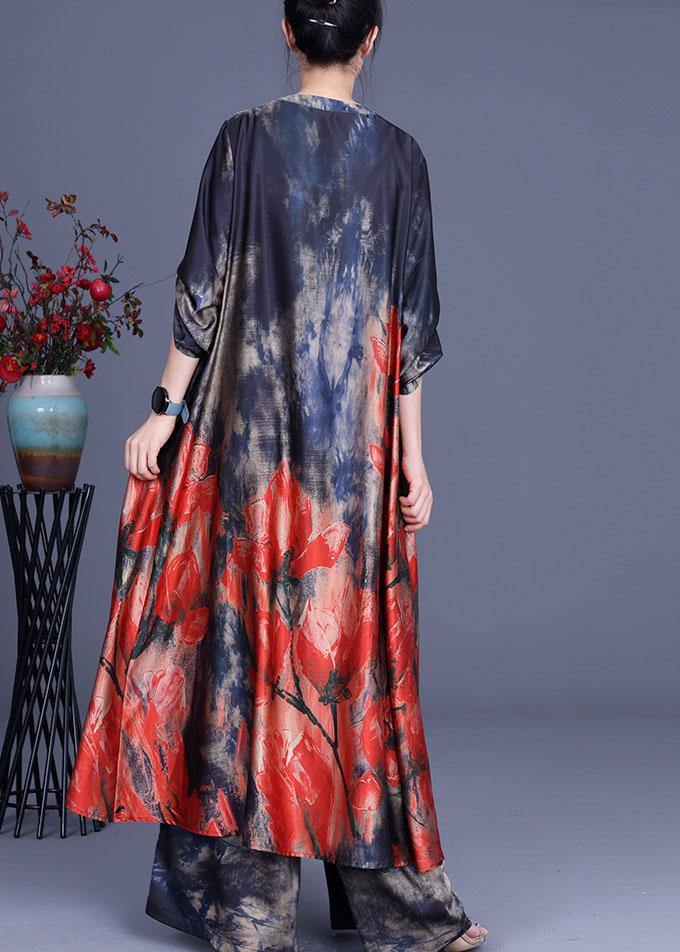 Women Blue Print low high design long shirts Wide Leg Two Pieces Set - SooLinen