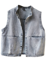 Women Blue Stand Collar Button Pockets Fall Denim Sleeveless Waistcoat