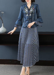 Women Blue Stand Collar Embroideried Patchwork Cotton Denim Coats Dot print Chiffon skirt Two Pieces Set flare sleeve