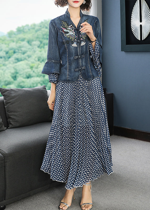 Women Blue Stand Collar Embroideried Patchwork Cotton Denim Coats Dot print Chiffon skirt Two Pieces Set flare sleeve