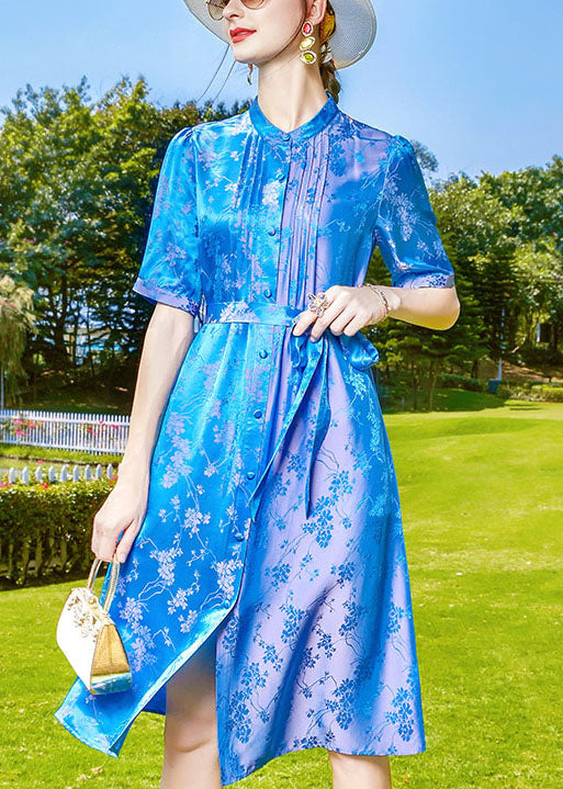 Women Blue Stand Collar Jacquard Tie Waist Silk Shirt Dress Short Sleeve