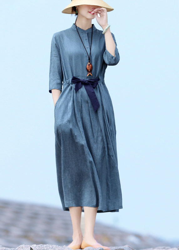 Women Blue Stand Collar Tie Waist Button Holiday Dresses Half Sleeve