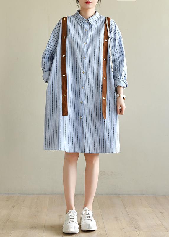 Women Blue Striped Cotton Button Spring Dresses - SooLinen