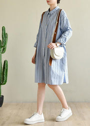 Women Blue Striped Cotton Button Spring Dresses - SooLinen