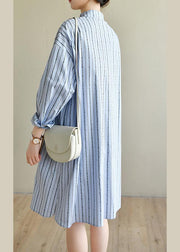 Women Blue Striped Cotton Button Spring Dresses - SooLinen