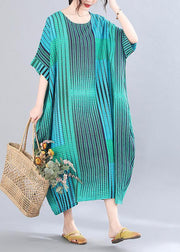 Women Blue Striped O-Neck Short Sleeve Holiday Summer Cotton Dress - SooLinen