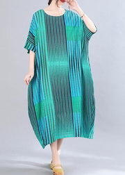 Women Blue Striped O-Neck Short Sleeve Holiday Summer Cotton Dress - SooLinen