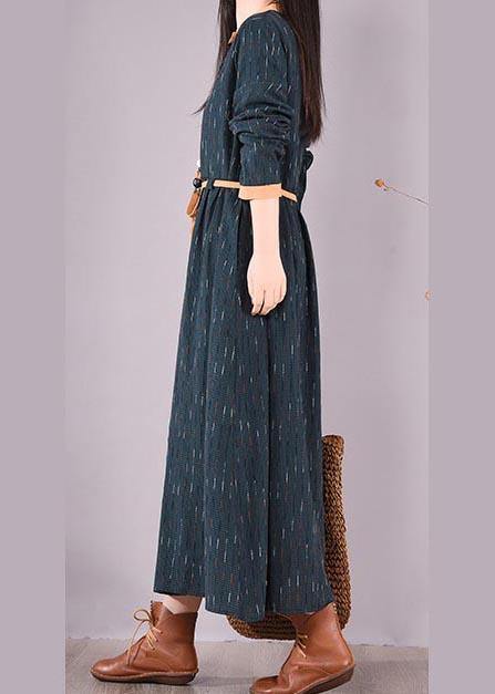 Women Blue Striped Quilting Clothes O Neck Tie Waist Long Spring Dresses - SooLinen