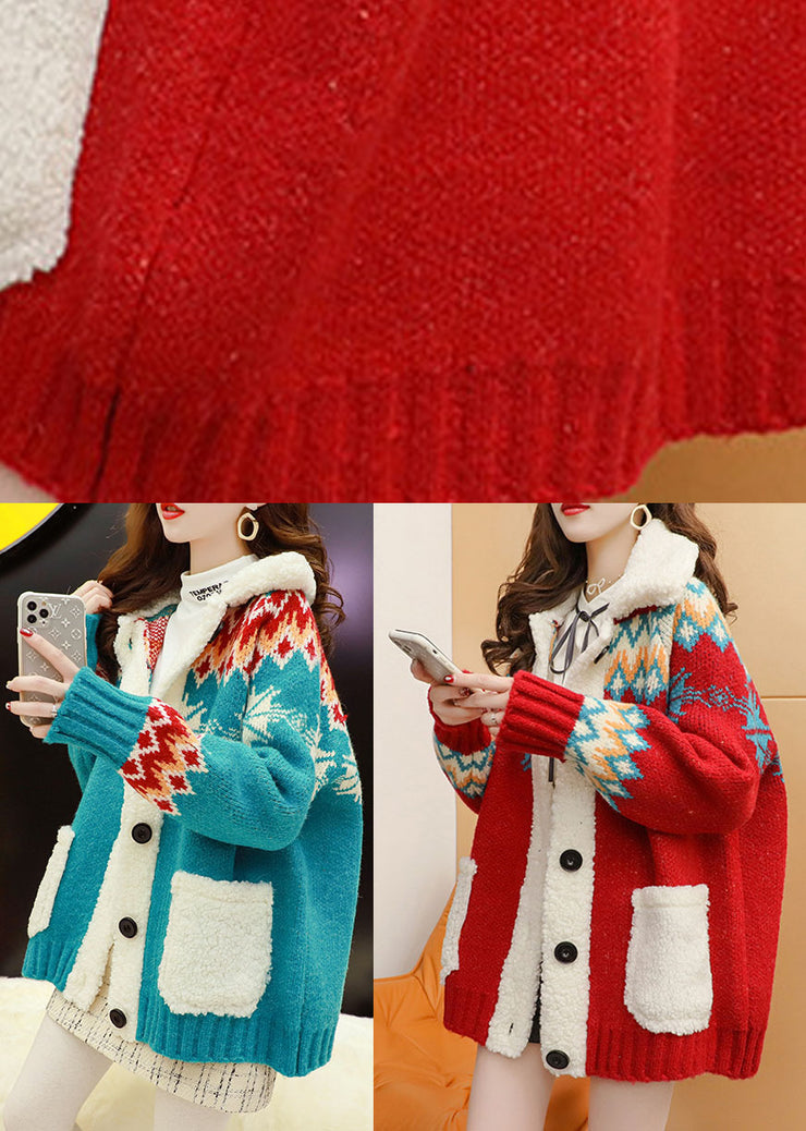 Women Blue Thick cozy Button Patchwork Fall Knit Coat