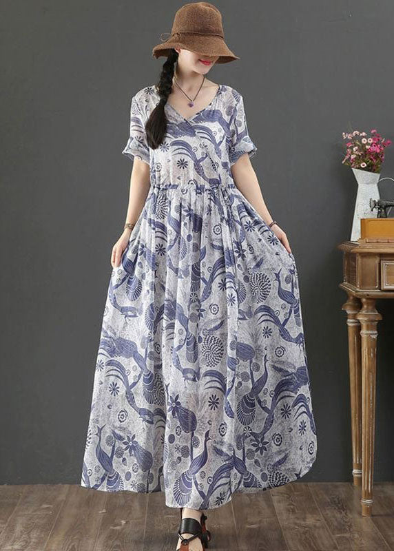 Women Blue Tie Waist V Neck Print Linen Maxi Dress Short Sleeve