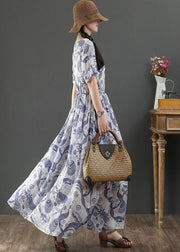 Women Blue Tie Waist V Neck Print Linen Maxi Dress Short Sleeve