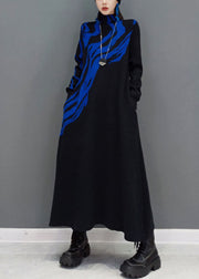 Women Blue Turtle Neck Knit long Dress Spring