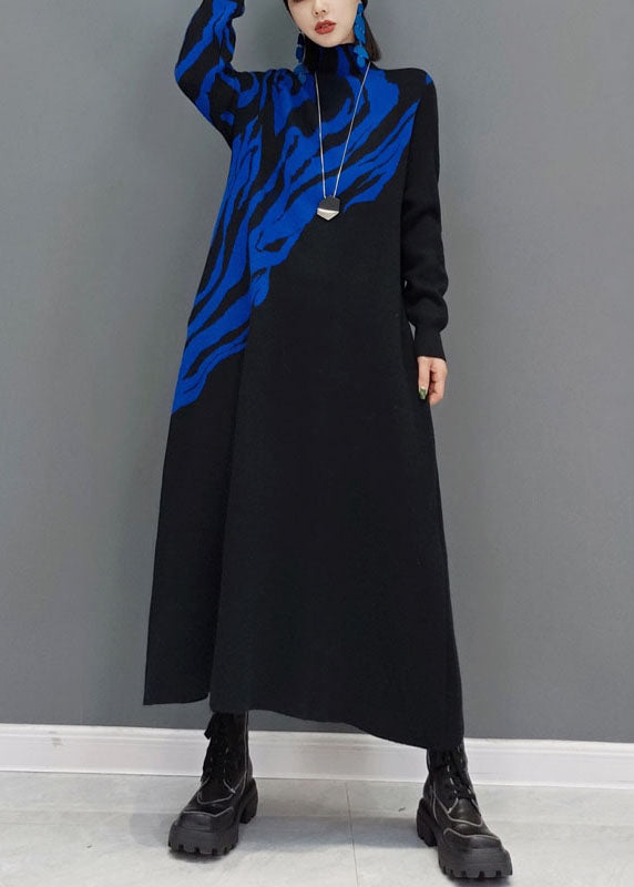 Women Blue Turtle Neck Knit long Dress Spring